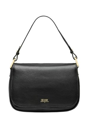 Czarna skórzana torba na ramię ze złotymi elementami i regulowanym paskiem, z małym złotym logo marki na przedniej klapie.