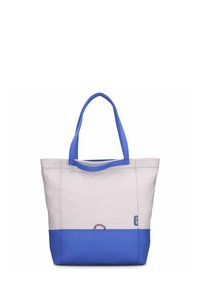 Canvas tote bag met een lichtgrijze body en een helderblauwe onderkant. Beschikt over twee blauwe handvatten en een klein logo-detail aan de zijkant.