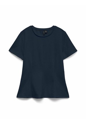 Haut pour femme à manches courtes bleu marine avec encolure ronde et ourlet légèrement évasé, présenté sur fond blanc.