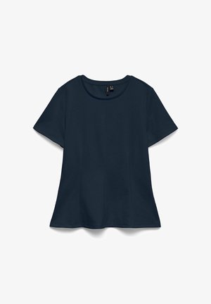 Haut pour femme à manches courtes bleu marine avec encolure ronde et ourlet légèrement évasé, présenté sur fond blanc.