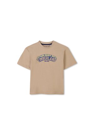 Beige katoenen t-shirt met een ronde halslijn en korte mouwen, voorzien van een kleurrijk Timberland-logo en tekst gecentreerd op de voorkant.