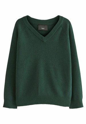 Dark green knit sweater with V-neck, long sleeves, ribbed cuffs, and hem, labeled "next" on the inside collar.