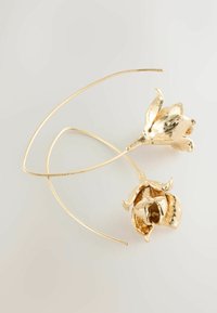 Gold-tone earrings shaped like rosebuds, featuring a textured design with visible petal details and elongated hoops for hanging.
