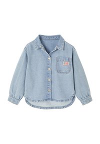 Light blue denim button-up shirt with long sleeves, a chest pocket, and a pink rectangular patch on the pocket.