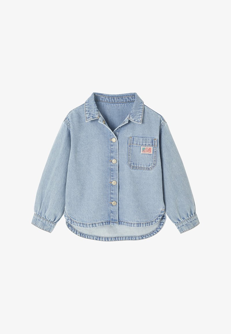 Light blue denim button-up shirt with long sleeves, a chest pocket, and a pink rectangular patch on the pocket.