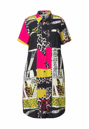 Short-sleeve, button-up shirt in a colorful patchwork design featuring leopard prints, bold text, and bright pink, green, and black accents.