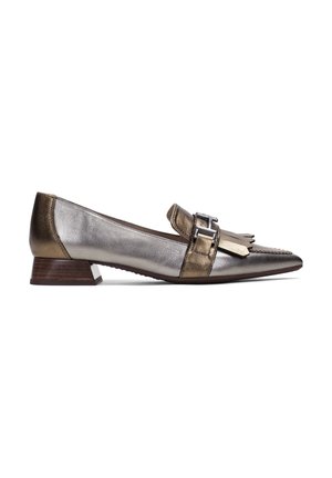 Metallic silver and bronze flat shoes with a low block heel, featuring a decorative buckle and fringe design on the toe. Smooth leather texture.