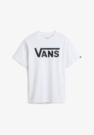 Hvid t-shirt med korte ærmer med sort "VANS" logo centreret foran, rund halsudskæring og lille sort mærke på ærmet.