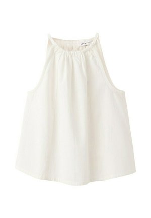 Blusa bianca senza maniche con scollo arricciato e sottili spalline, mostrata distesa su sfondo bianco.