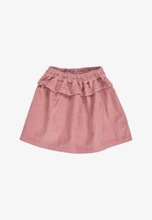 Rosa Cord-Rock mit elastischem Bund und einer rüschengeschmückten oberen Schicht, die eine glatte Textur und eine ausgestellte Form aufweist.
