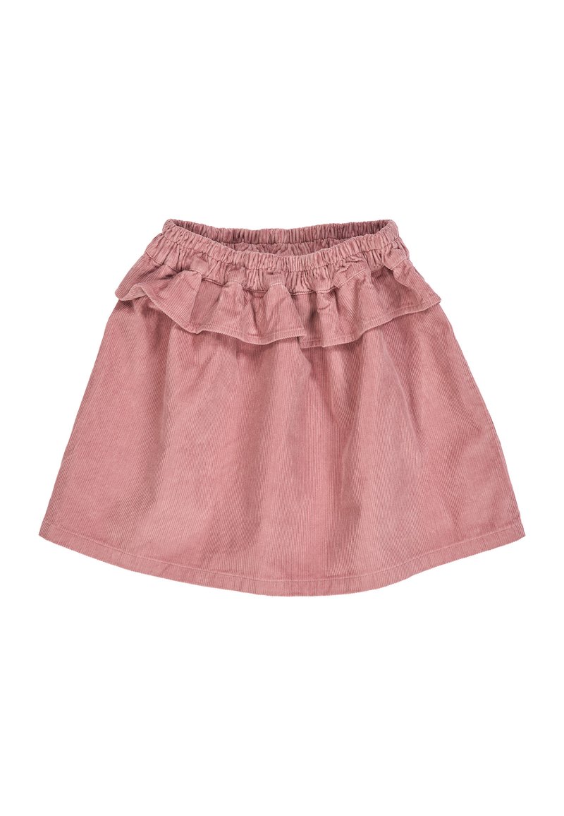 Vaaleanpunainen corduroy-hame, jossa on elastinen vyötärö ja röyhelöinen pääkerros, mikä tekee siitä sileäpintaisen ja levenevän muotoisen.