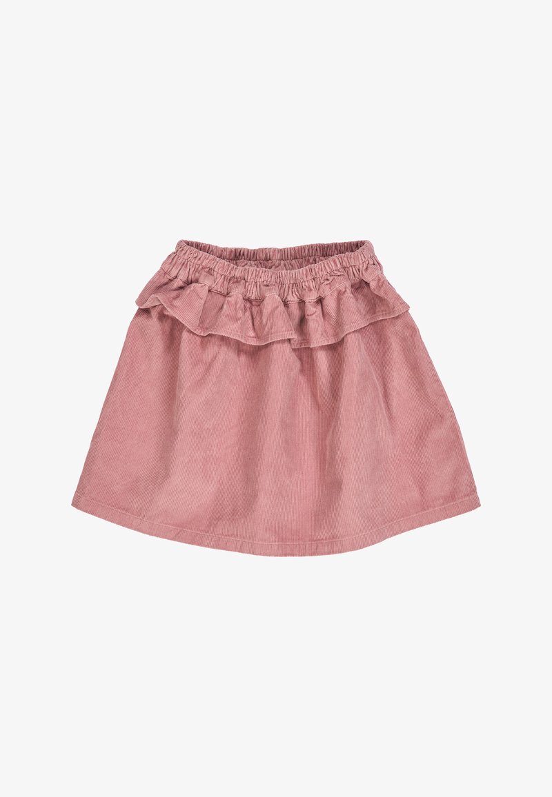 Vaaleanpunainen corduroy-hame, jossa on elastinen vyötärö ja röyhelöinen pääkerros, mikä tekee siitä sileäpintaisen ja levenevän muotoisen.