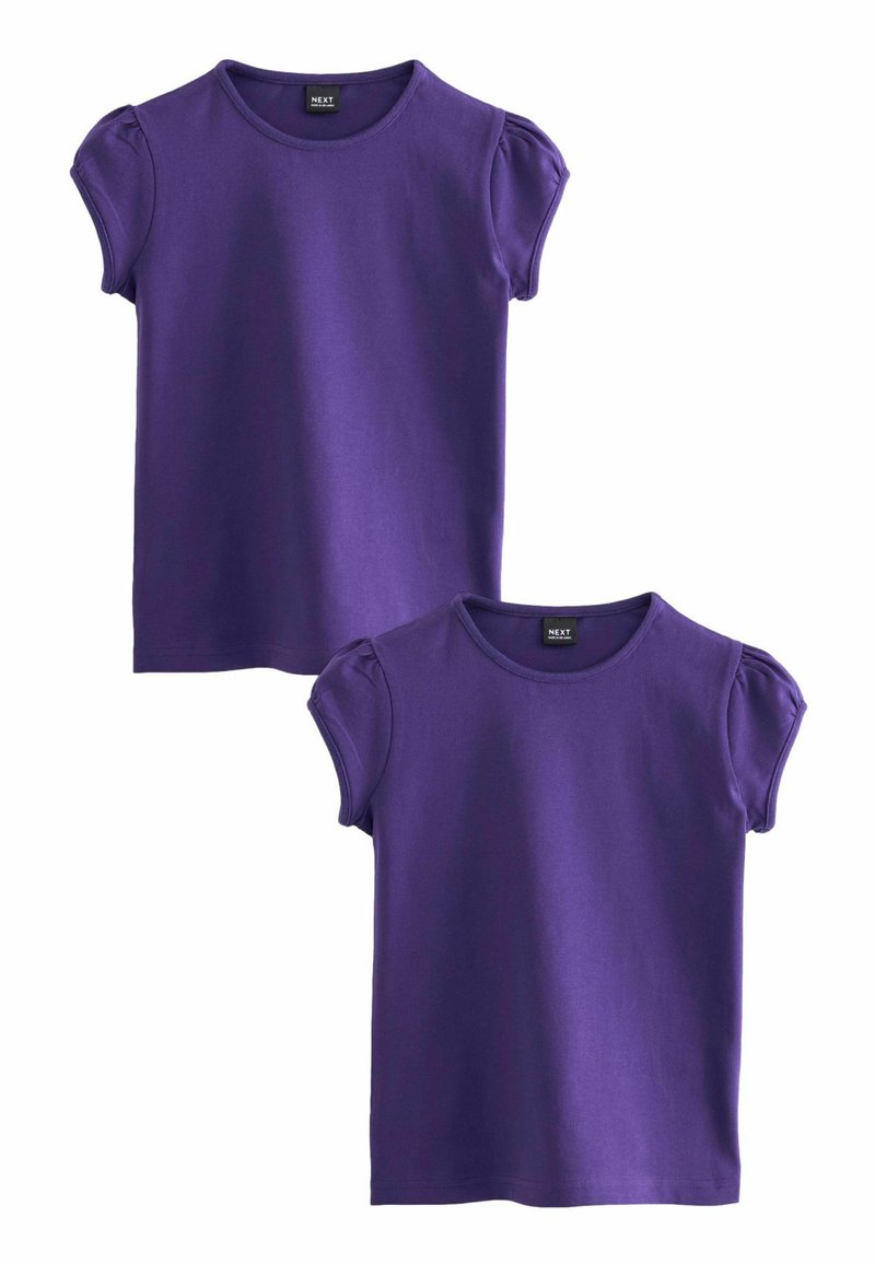 T-shirts courts à manches courtes de couleur violette avec un col rond et des manches ballon. Fabriqués en coton doux, ils présentent un design uni lisse.