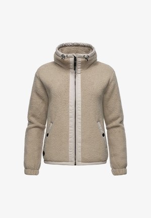 Beige Fleecejacke mit warmer Textur, Reißverschluss vorne, gepolsterten Einsätzen in hellerer Farbe und zwei Seitentaschen mit Knopfverschluss.