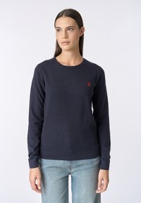 Maglione lavorato a maglia blu navy con maniche lunghe e scollo rotondo; presenta un piccolo logo rosso sul petto e polsini e orlo a coste.