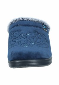 Navy blue slipper with floral embroidery design, soft texture, and faux fur lining at the opening; black sole for enhanced grip.