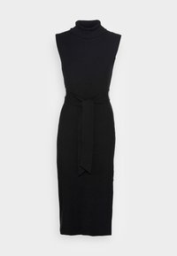 Abito nero a coste in maglia con colletto alto finto, design senza maniche e cintura in vita, caratterizzato da una silhouette aderente e un taglio sopra il ginocchio.