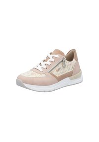 Sneaker rosa chiaro con tomaia in tessuto decorata da un motivo testurizzato, lacci bianchi, dettaglio con zip laterale e suola in gomma bianca.