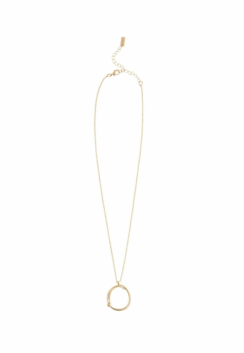 Gouden metalen ketting met een ronde hanger. De ketting is dun met verstelbare schakels. De hanger heeft een gestructureerd oppervlak, wat de details benadrukt.