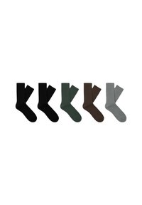 Cinco pares de calcetines exhibidos en colores sólidos: negro, verde oscuro, marrón y gris claro. Mezcla de algodón, diseño hasta la rodilla, textura suave.