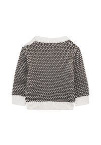 Gebreide trui met een gestructureerd zwart-wit patroon, voorzien van een witte kraag en geribde mouwen. Zachte, warme stof, casual ontwerp.