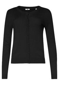 Svart långärmad knappar-up cardigan med rund halsringning och ribbade manschetter och nederkant, visad mot en vit bakgrund.