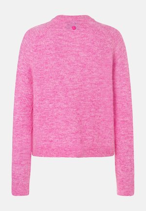 Pink sweater with a textured finish, featuring a round neckline and long sleeves. Includes a small button accent at the back.
