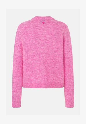 Pink sweater with a textured finish, featuring a round neckline and long sleeves. Includes a small button accent at the back.
