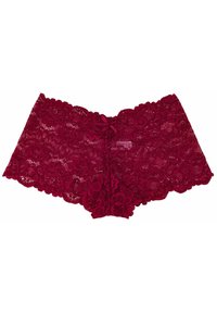 Culotte en dentelle bourgogne avec des motifs floraux, large bande en dentelle et un nœud central. Texture douce et bords festonnés.