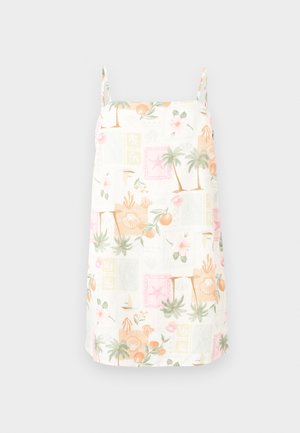 White dress with a tropical print featuring palm trees, flowers, seashells, and starfish in pastel colors. Adjustable spaghetti straps.