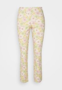 Calças com estampa floral em cores pastel, apresentando uma mistura de flores em rosa, verde e amarelo sobre um fundo claro. Design slim e de perna reta.
