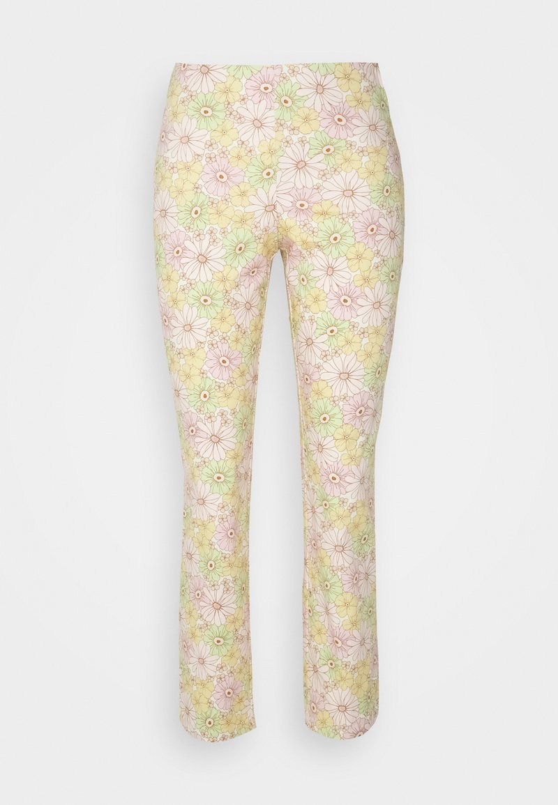 Calças com estampa floral em cores pastel, apresentando uma mistura de flores em rosa, verde e amarelo sobre um fundo claro. Design slim e de perna reta.