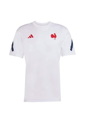 Weißes T-Shirt mit kurzen Ärmeln aus leichtem Material, featuring rotem Hahn-Logo und marineblauen Akzenten an den Ärmeln, mit Adidas-Branding auf der Vorderseite.