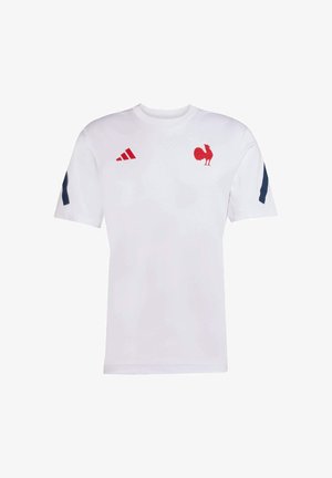 Weißes T-Shirt mit kurzen Ärmeln aus leichtem Material, featuring rotem Hahn-Logo und marineblauen Akzenten an den Ärmeln, mit Adidas-Branding auf der Vorderseite.