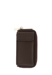 Portafoglio in pelle marrone scuro con tasca anteriore a ribalta e zip dorata, mostrato chiuso su sfondo bianco.