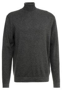 Pull col roulé gris foncé en tissu doux, avec des manches longues, un col ajusté et une coupe classique et décontractée.