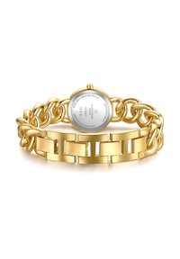 Reloj de metal dorado con una esfera redonda, pulsera de cadena enlazada y acentos rectangulares. Presenta un acabado pulido y marcadores de hora claros.