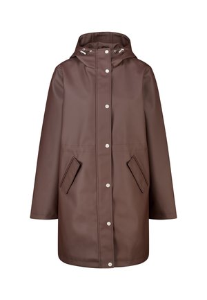 Bruine waterdichte regenjas met capuchon, lange mouwen, drukknopen aan de voorkant en twee schuine voorzakken.