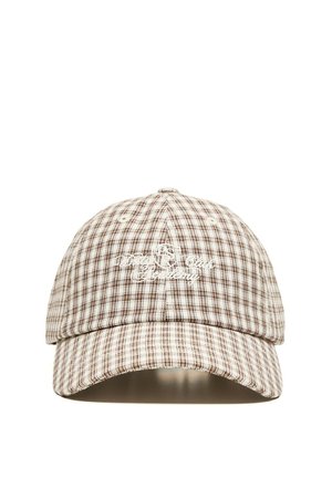 Casquette de baseball à carreaux beige et marron avec texte en écriture blanche brodée sur le panneau central avant.