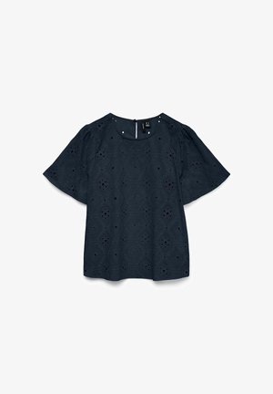 Marineblauwe blouse met korte mouwen, bloemenbroderie met opengewerkt patroon, ronde halslijn en knoopsluiting aan de achterkant.