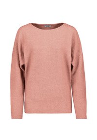 Langärmliger Pullover in staubigem Rosa mit rundem Halsausschnitt und gerippter Struktur, dargestellt vor weißem Hintergrund.