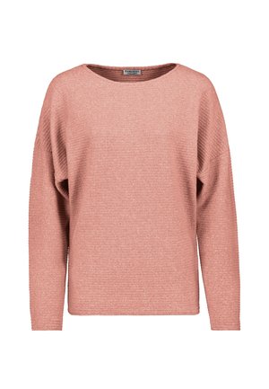 Langärmliger Pullover in staubigem Rosa mit rundem Halsausschnitt und gerippter Struktur, dargestellt vor weißem Hintergrund.