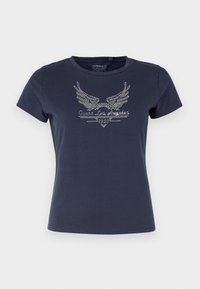 T-shirt in cotone blu navy con maniche corte, caratterizzato da un design in cristallo di ali e testo in argento al centro.