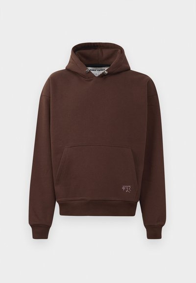Brown hoodie featuring a kangaroo pocket, drawstring hood, and ribbed cuffs. Includes subtle embroidery on the front.