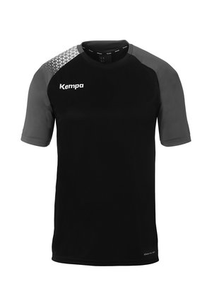 Zwarte short-sleeve shirt met grijze accenten, voorzien van een geometrisch patroon op de schouder, gemaakt van een vochtregulerende stof. Kempa-logo zichtbaar.