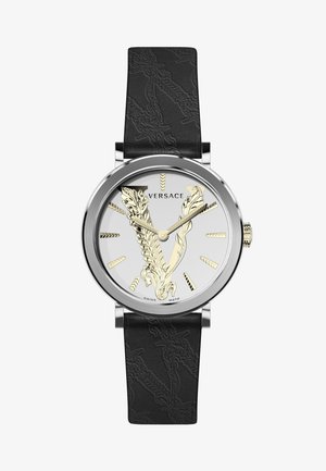 Versace-Uhr mit silbernem Ziffernblatt, goldenem V-Logo und schwarzem strukturiertem Lederarmband. Verfügt über einfache Stundenmarkierungen und eine Krone.