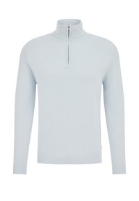 Svetlo modra jopica z visokim ovratnikom in četrtinskim zadrgo. Pleten tekstura z rebrastimi manšetami in robom. Enostavna, moderen dizajn.