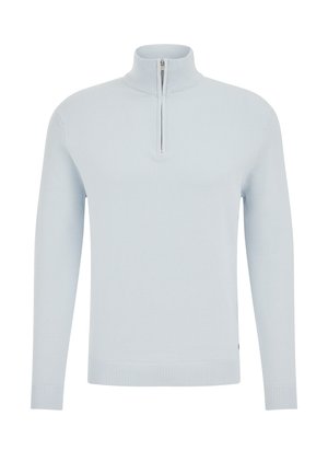 Svijetloplava majica s visokim ovratnikom i četvrtastim patentnim zatvaračem. Pleteni uzorak s rebrastim manžetama i rubom. Jednostavan, moderan dizajn.