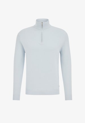 Világoskék pulóver magasított gallérral és negyed cipzárral. Kötött textúrájú, bordázott mandzsettákkal és szegéllyel. Egyszerű, modern kialakítás.