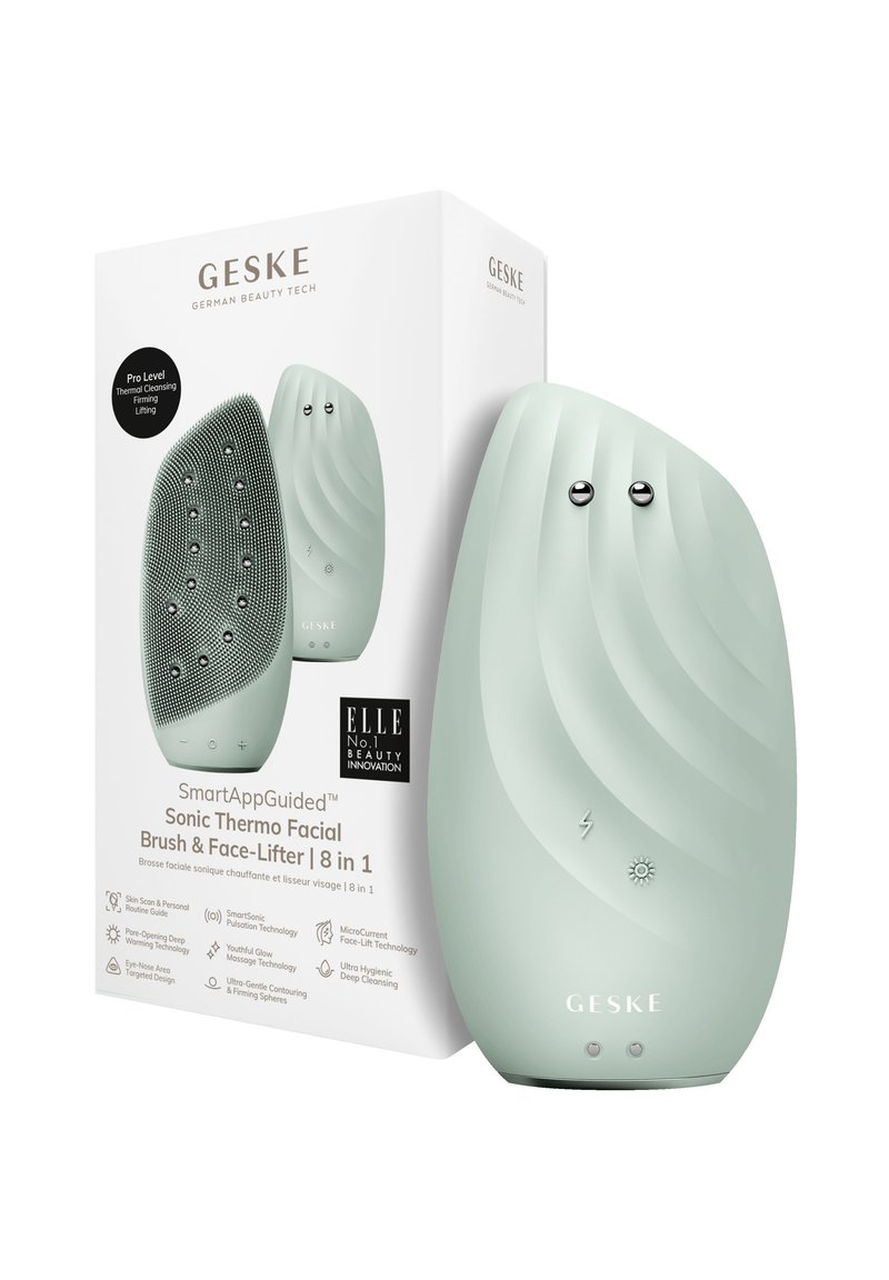 Sonic ansiktsborste i ljusgrön, med en vågig yta och två metalliska knappar. Levereras med en vit förpackningslåda.